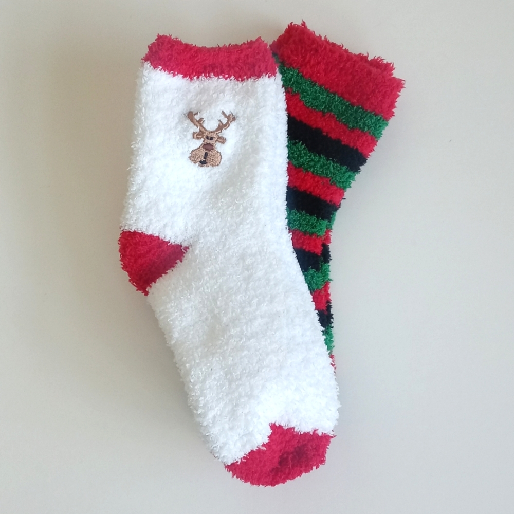 Set of 2 Pair Reindeer & Holiday Stripe Sock Set Holiday/Christmas *Super Soft